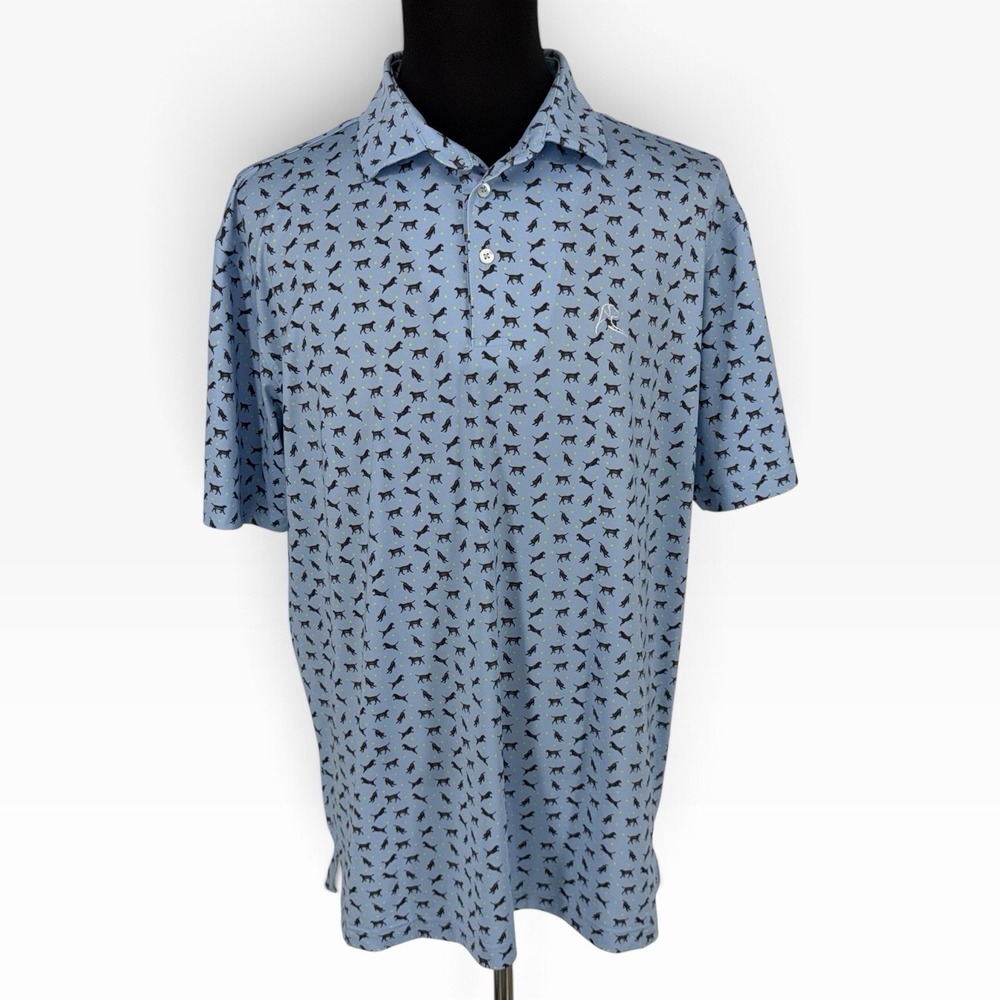 Rhoback Mens XL Golf Polo Shirt Blue Dog Novelty Print Short Sleeve Performance